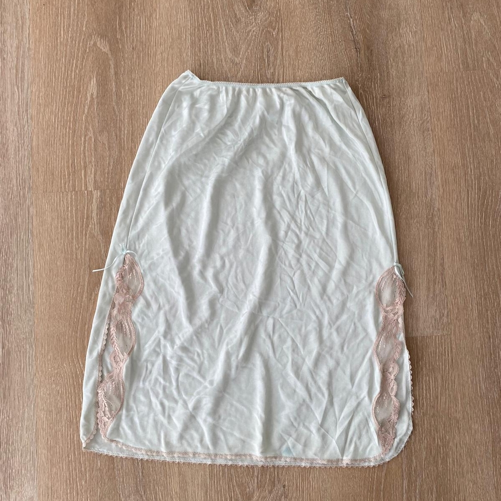 Vintage Mint Blue And Lace Slip Skirt with Lace Accents